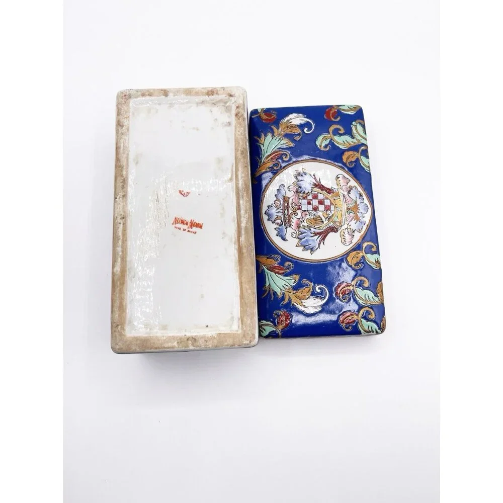 Vintage Neiman Marcus Macau Ceramic Trinket Box Heraldic Crest Blue Porcelain